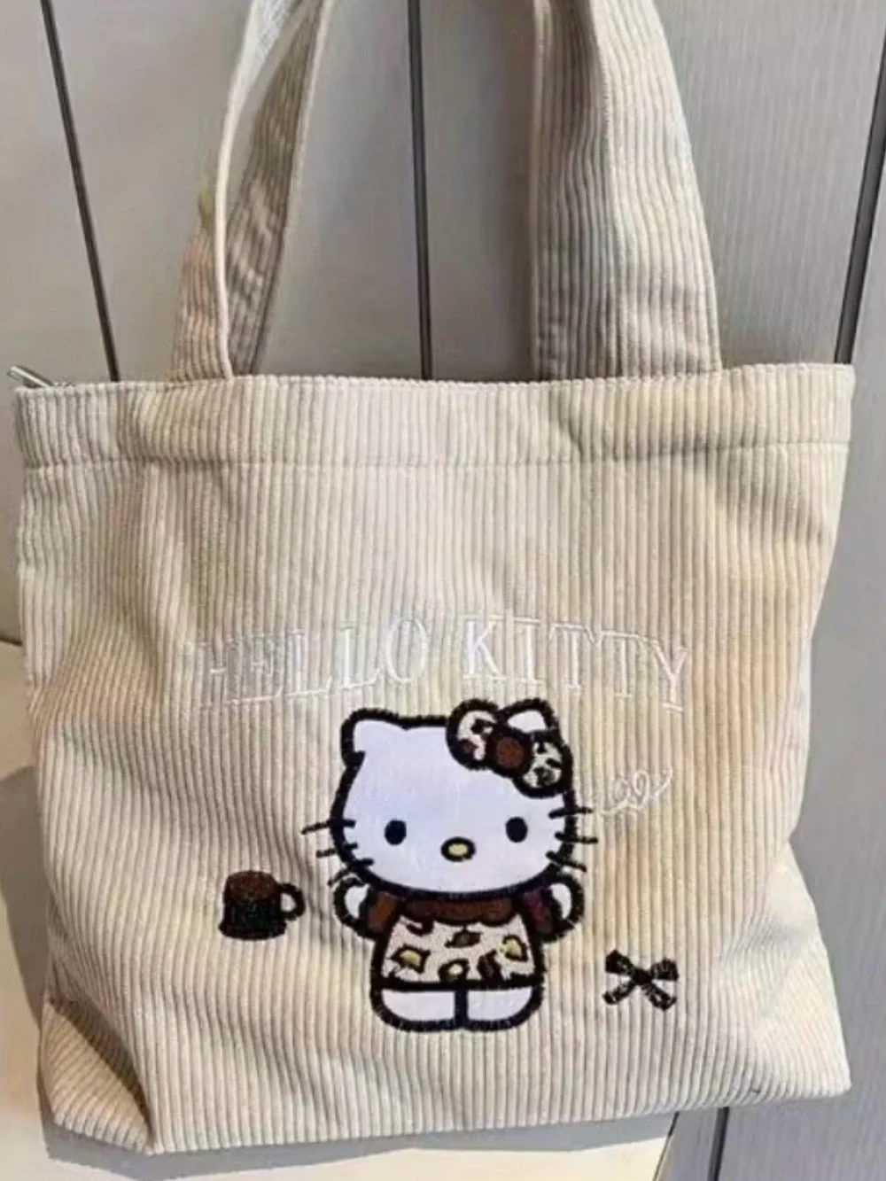 HELLO KITTY Corduroy Cream White Leopard Kitty Tote Bag - Picture 1 of 8